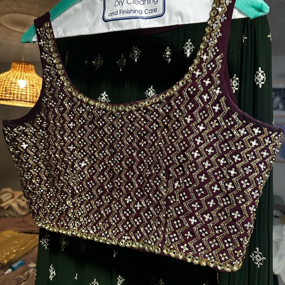 Embellished Maroon Green Women's Lehenga and Shawl
